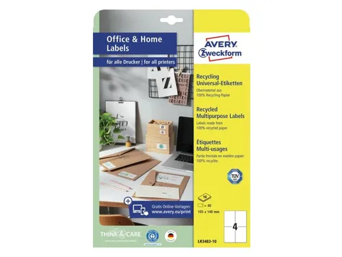 Etiket Avery Zweckform LR3483-10 105x148mm recycled Wit 40 stuks