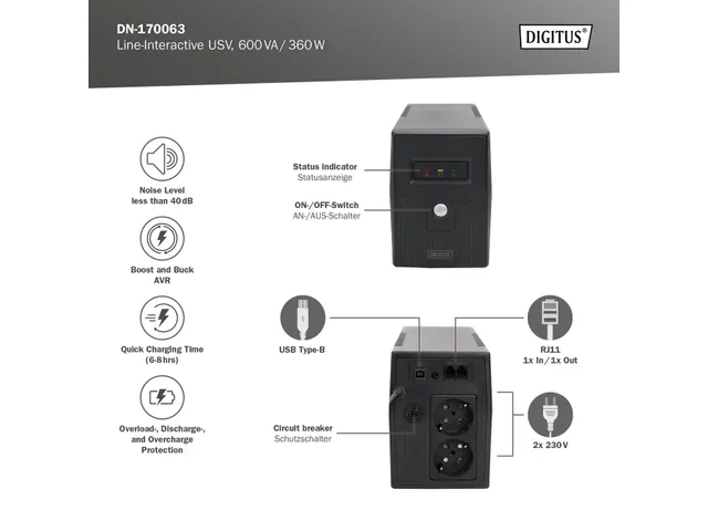 Digitus Line-Interactive UPS 600 VA/360W 2V/7Ah x 1 batterij LED