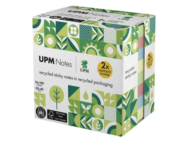 Sticky notes UPM recycled 50x40mm assorti blok 100 vel, doos 16x blok