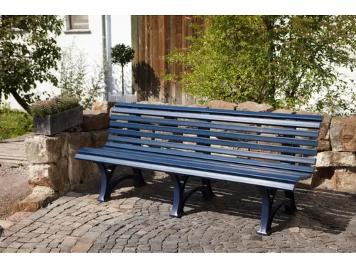 Kunststofbank 800x2000x420mm Zit H 410mm 12 Latten 3 Pootstellen Blauw