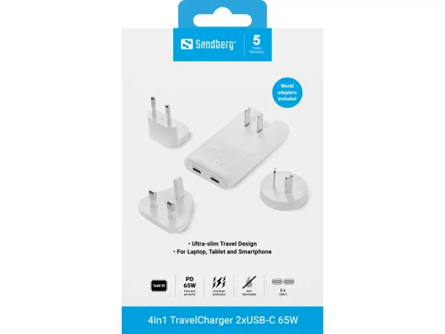 Sandberg 4-in-1 Travelcharger 2x USB-C 65W incl. wereldadapters