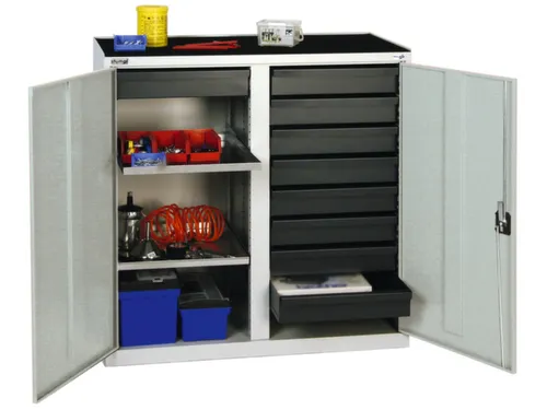 Materiaalkast 1000x1000x500mm 2legborden Uitschuifbaar 9laden Ral7035