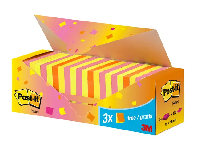 Memoblok 3M Post-it 654 76x76mm neon assorti 21 + 3 gratis