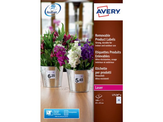 *Prijsetiket Avery 45x45 wit doos 8 vel 20 etiket per vel | LabelprinterEtiketten.nl