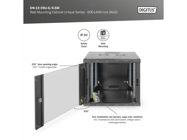 Digitus Unique 9U netwerkkast voor wandmontage 51x60x60cm Zwart