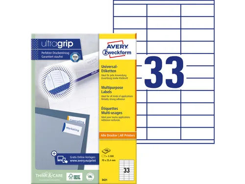 Etiket Avery Zweckform 3421 70x25.4mm wit 3300stuks