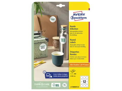 Etiket Avery L7104REV-25 rond 60mm wit 300 stuks 25 vel