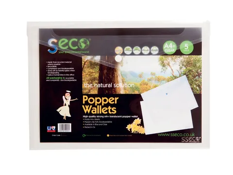 Envelopmap Seco A4+ 5st transparant met drukknop 0.18mm gerecycled