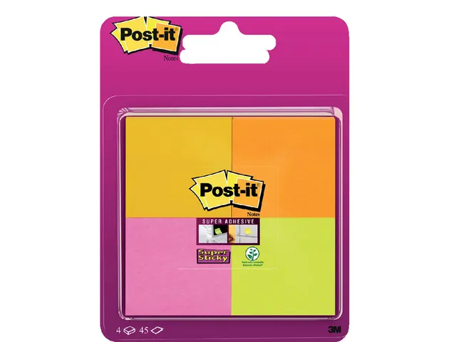 Memoblok Post-it 6910 Super Sticky 51x51mm assorti 4 stuks