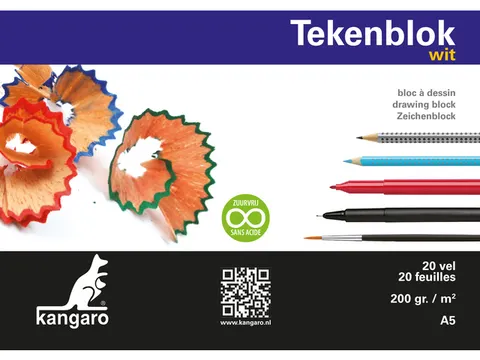 Tekenblok Kangaro A5 200 grams 20 vel, wit zuurvrij, 1 zijdig gelijmd