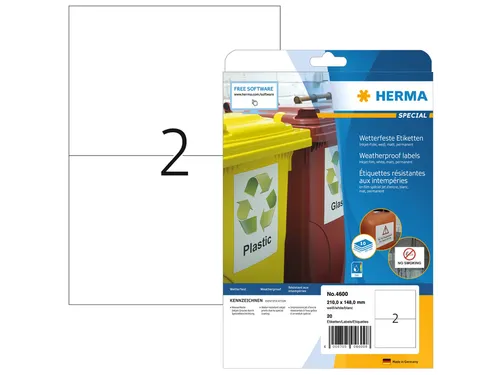 HERMA 4600 Weerbestendige Inkjet-etiket A4 210x148mm Wit 20 stuks