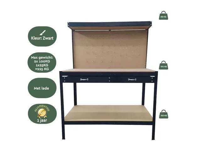 Werkbank met lade zwart 120x60x155cm WB100