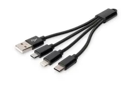 USB-oplaadkabel 0,15m 3-in-1 Kabel Nylon Gevlochten Zwart