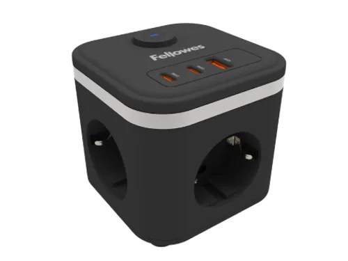Stekkerblok Fellowes Power Cube F 3-voudig 1xUSB-A 2xUSB-C 2m zwart