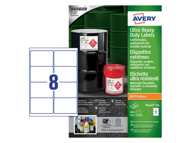 Etiket Avery B3427-50 105x74mm polyethyleen wit 400 stuks