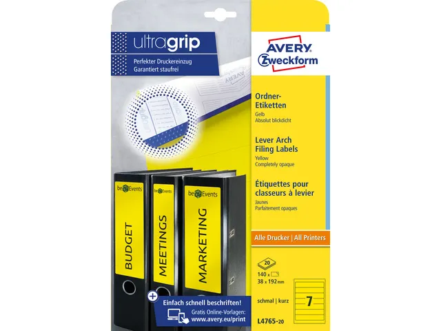 ordnerrugetiket Avery 192x38mm geel 20 vel 7 etiketten per vel