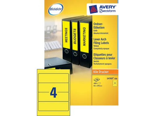 Rugetiket Avery Zweckform breed 192x61mm Geel L4769 400 stuks