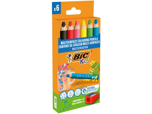 Kleurpotloden BicKids Multi Surface + puntenslijper assorti 6 stuks