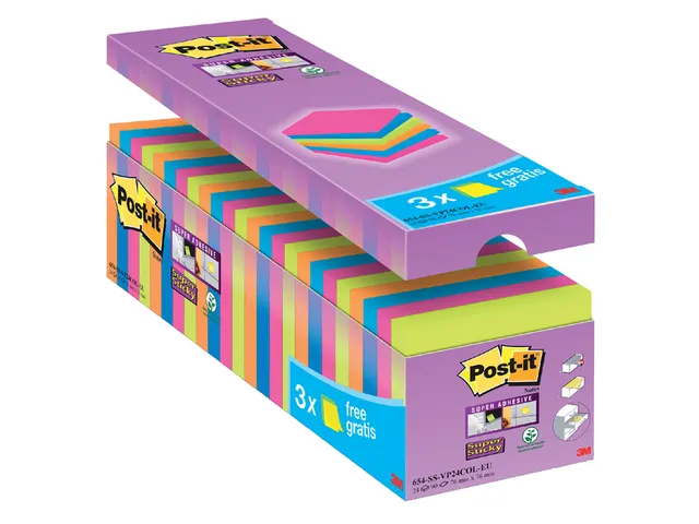 Memoblok 3M Post-it 654 Super Sticky 76x76mm 21+3 gratis assorti