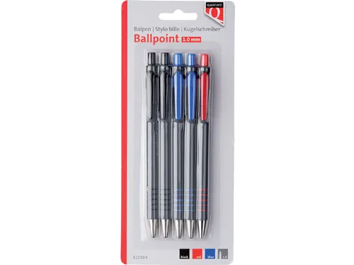 Balpen Quantore rubbergrip drukknop medium assorti, blister 5 stuks