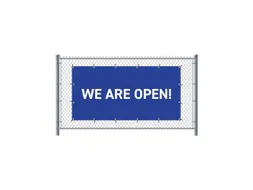 Hekwerkbanner 200x100 cm Blauw met Engelse Print We Are Open
