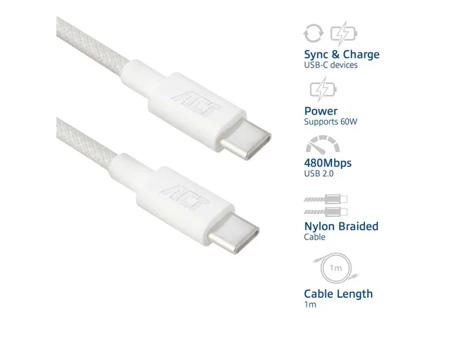 Kabel ACT 2.0 USB-C 60W 1 meter wit