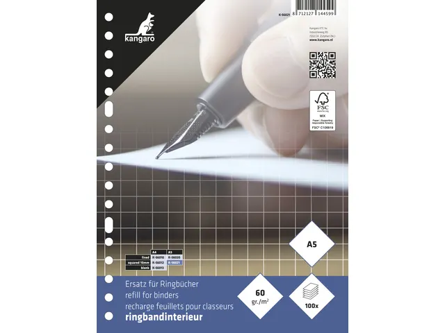Ringbandinterieur Kangaro A5 ruit 10mm 17-gaats 60 grams 100 blad