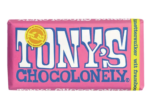 Chocolade Tony's Chocolonely reep 180gr wit framboos knettersuiker