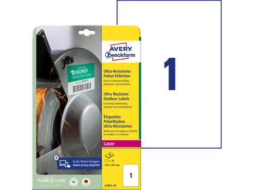 Etiket Avery Zweckform L7917-10 210x297mm polyethyleen wit 10 stuks