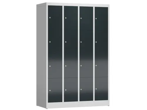 Lockerkast 1800x1185x500mm 4x4 vakken cilinderslot, sokkel, RAL7016