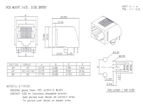 Modulaire Connectors RJ10 4P4C Voor Pcb, Haaks