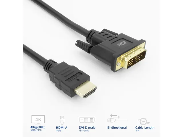 Kabel ACT HDMI DVI 18+1 pin M/M zwart 2 meter