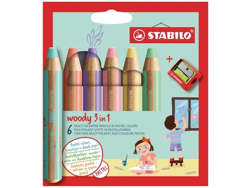 Kleurpotloden STABILO 880 woody slijper pastel assorti 6 stuks