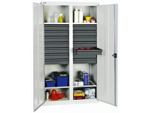 Materiaalkast 1800x1000x500mm 4legborden Uitschuifbaar 14laden Ral7035