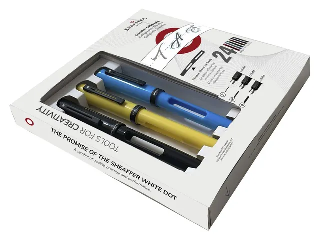 Kalligrafiepen SHEAFFER zwart, blauw,geel maxi penpunt F/M/B