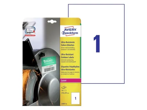 Etiket Avery Zweckform L7917-10 210x297mm polyethyleen wit 10 stuks