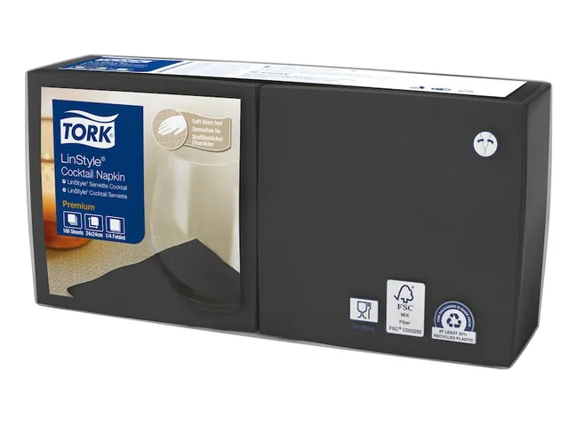 LinStyle Cocktailservet Premium 1-laags zwart 23x23cm ¼-vouw 1400st