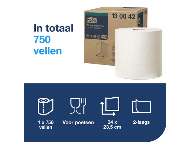 Tork 130042 W1,W2,W3 Plus Poetspapier Premium 2-laags Wit 255m