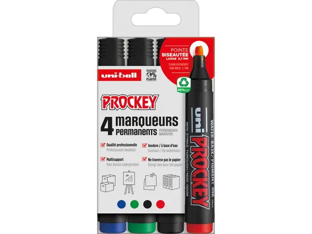 permanent marker Prockey PM-126, schuine punt, large, etui van 4 stuks