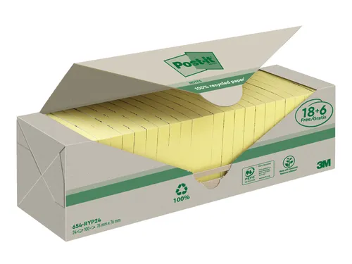 Memoblok 3M Post-it 654 76x76mm recycle geel 18 + 6 gratis