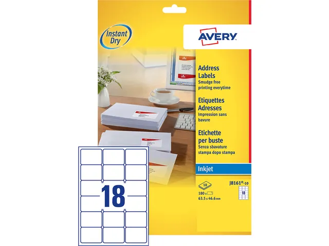 Adresetiket Avery J8161-10 63.5x46.6mm Inkjet Wit 180 stuks
