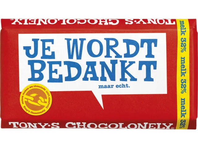 Chocolade Tony's Chocolonely reep 180gr melk "Bedankt"