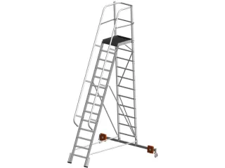 verrijdbare treden-platformladder,eenzijdig,14trede(n),stand H 3,3m - 1