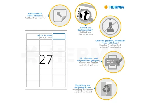 HERMA 10300 Verwijderbare etiketten A4 63,5x29,6mm Wit 2700 stuks