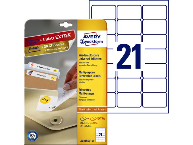 Etiket Avery Zweckform L6023REV 63.5x38.1mm afneembaar Wit 525 stuks