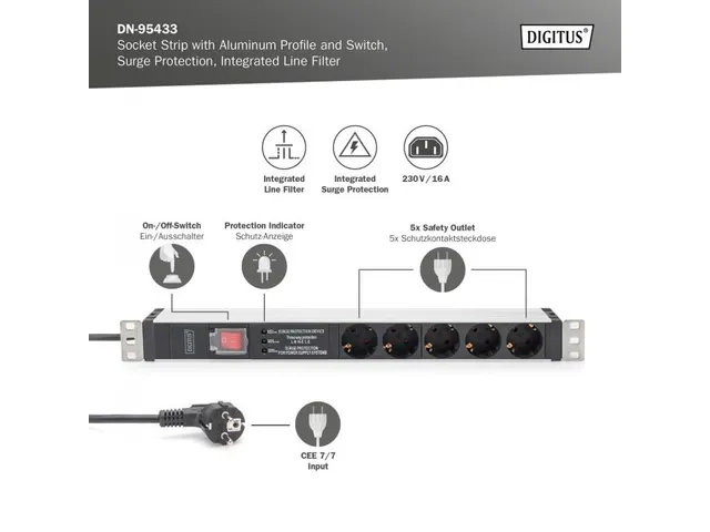 Stekkerdoos Met Aluminum Profiel en Schakelaar 5-voudig stopcontact