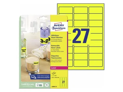 laseretiket Avery 63,5x29,6mm 25 vel 27 etiketten per vel neongeel