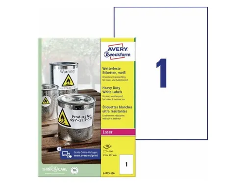 Avery Zweckform L4775 Weerbestendige etiketten A4 210x297 Wit 100stuks