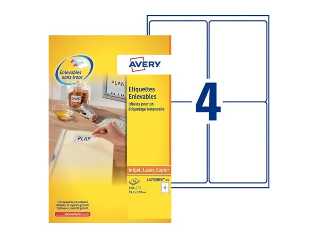 Etiket Avery L4733REV-25 99.1X139mm Afneembaar Wit 100 Stuks
