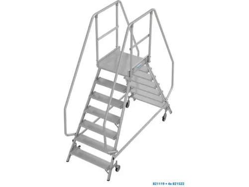 bordestrap,verrijdbaar,bordes H 1,7m,2x7treden,aluminium,4zwenkwielen